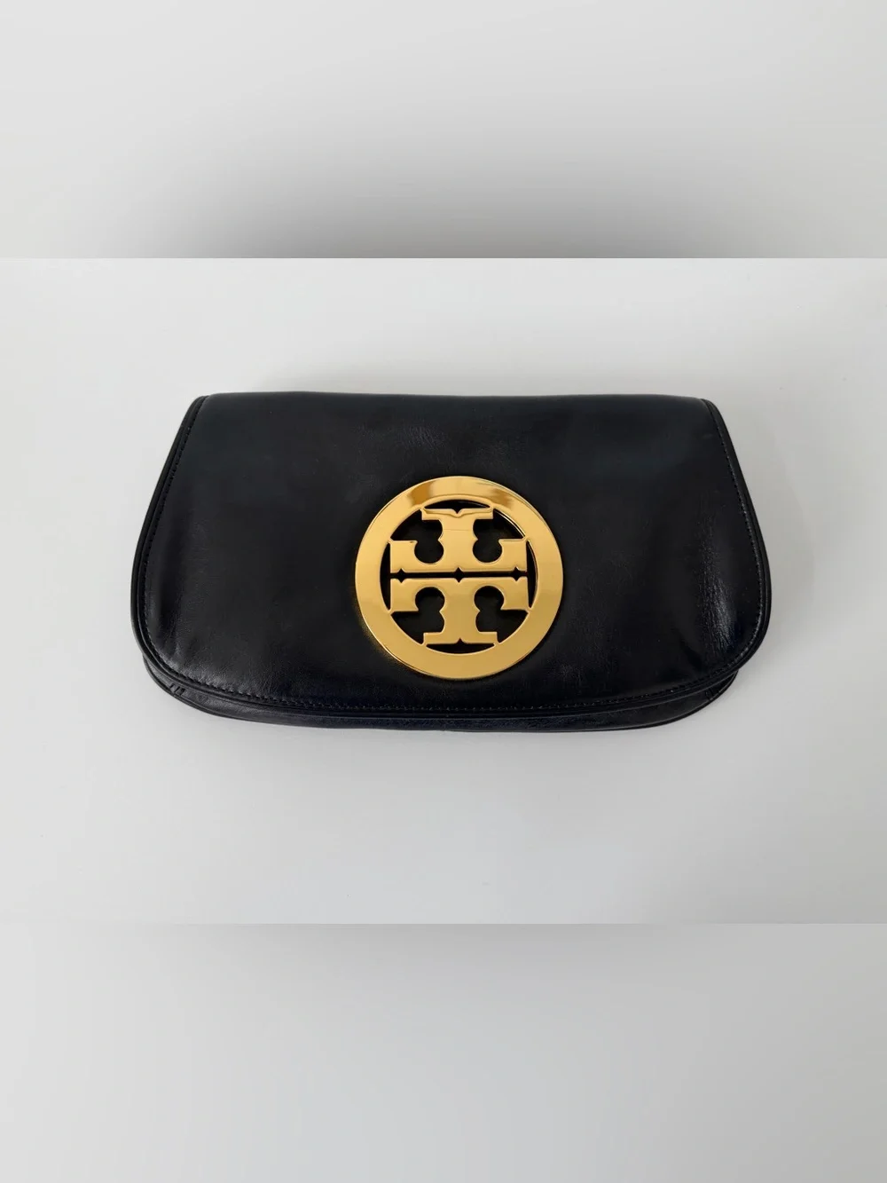 Tory Burch Reva Leather Clutch in Black with Gold Chain